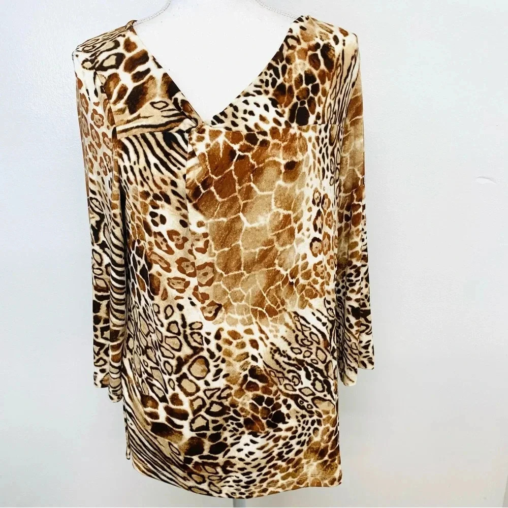 Chicos Travelers 0 Top Woman Small Slinky Knit Brown Animal Print 3/4 Sleeve
